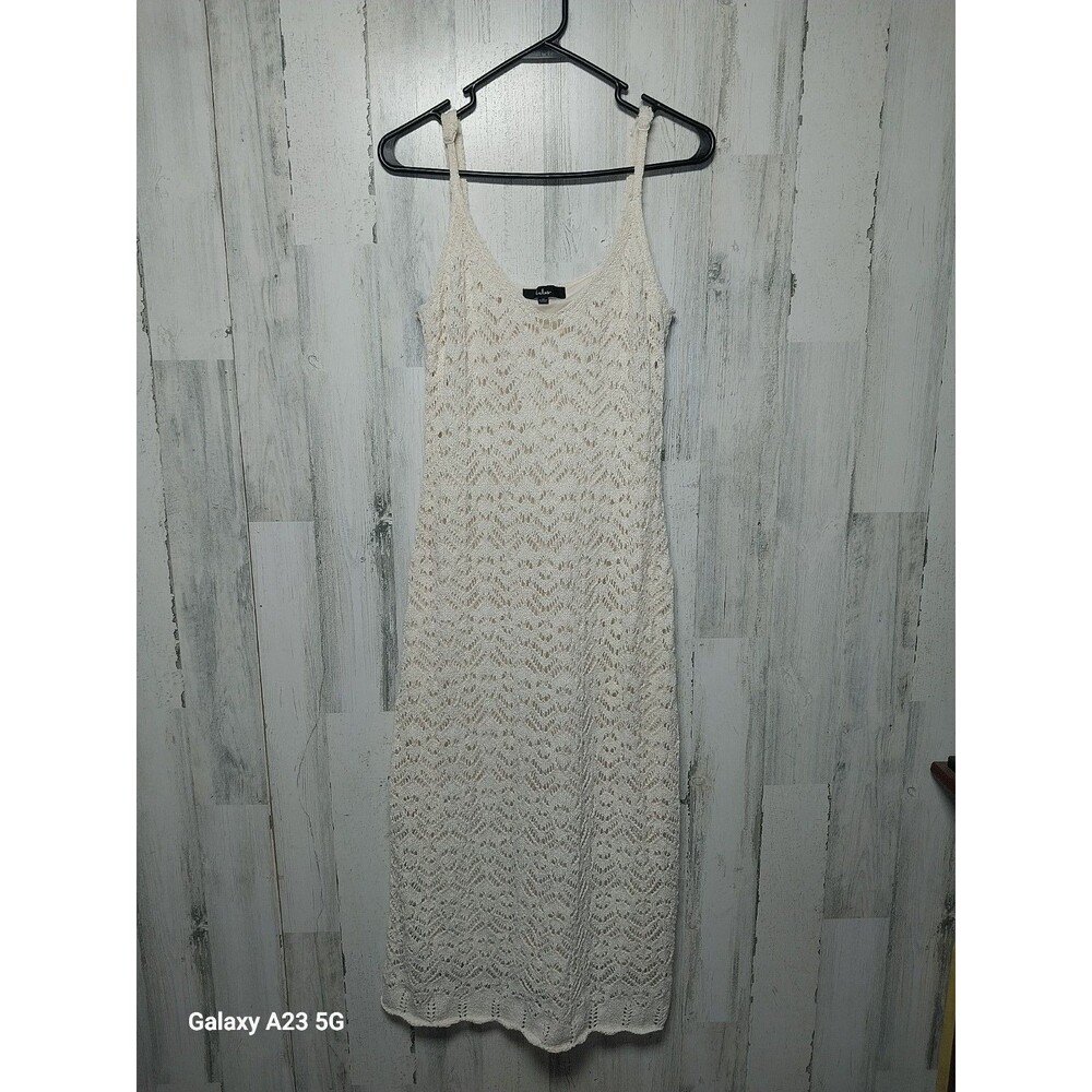 Lulus Crochet Midi Dress Beige Boho Coastal Beach Vacation Resort M Lined